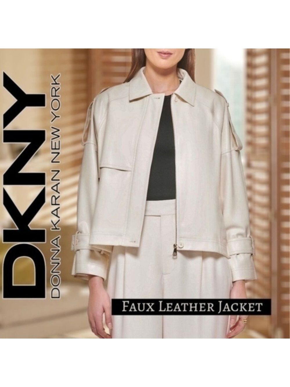 DKNY NWT Relaxed Boxy Fit Long Sleeve Short Trench-Style Vegan Leather Jacket/LG